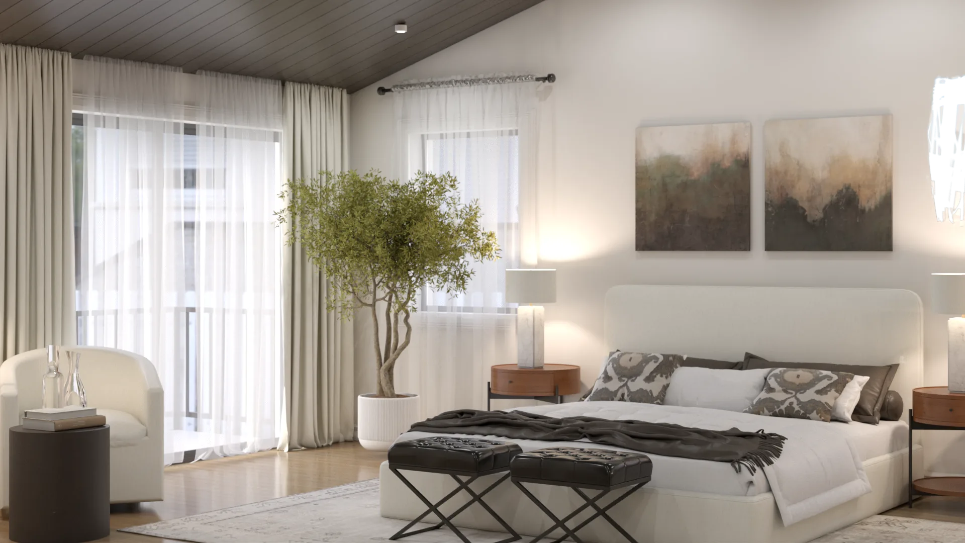 Bedroom view with live olive tree by balcony, white platform bed, and abstract diptych art