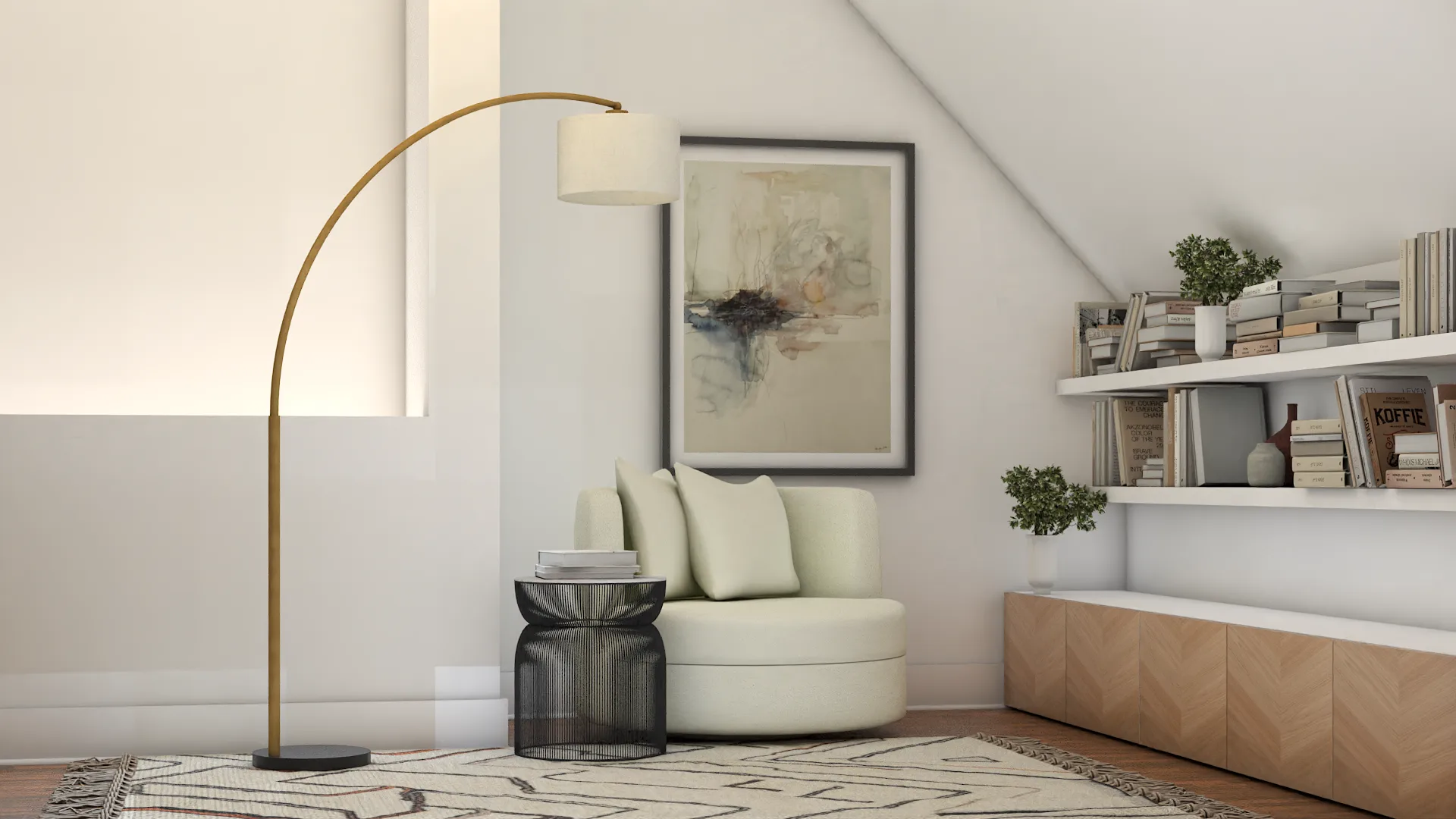 Sloped ceiling sitting area with brass arc lamp, cream swivel chair, and floating shelves over oak cabinet