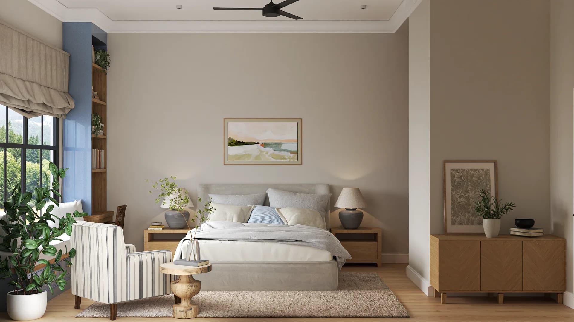 Wide angle of coastal bedroom showing striped chair, blue nook, oak dresser, and ceiling fan