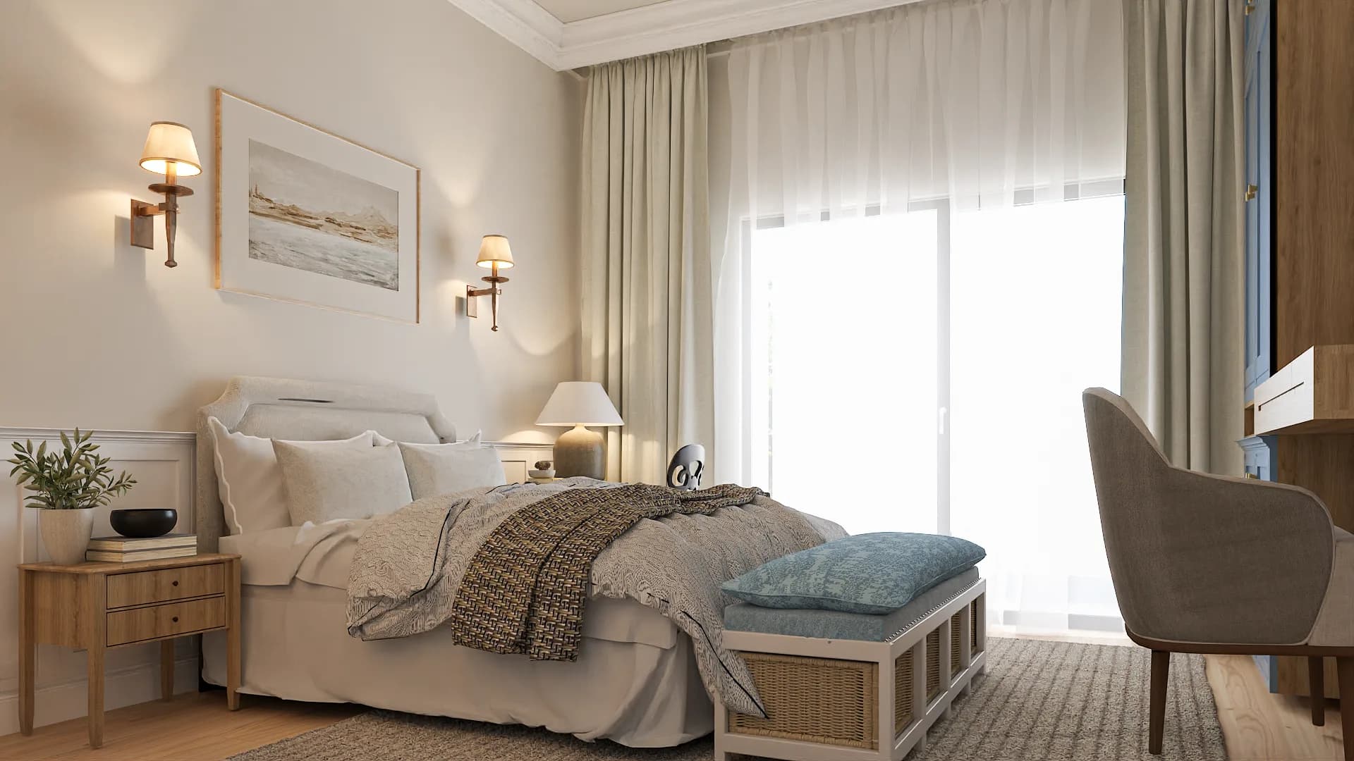 Coastal bedroom with brass sconces, wicker cane bench, and sheer linen curtains
