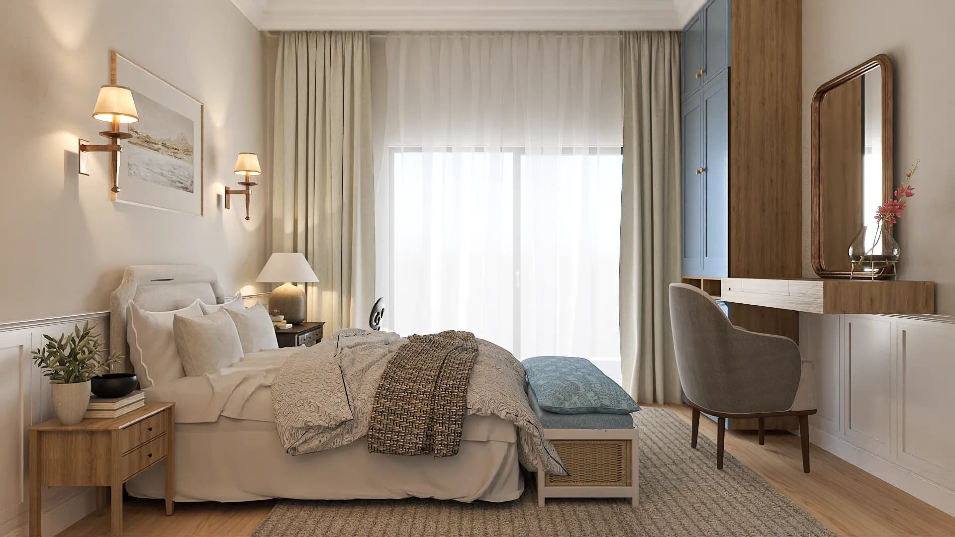 Coastal bedroom with blue shaker closet doors, brass swing-arm sconces, wicker cane bench, and wood-framed vanity mirror