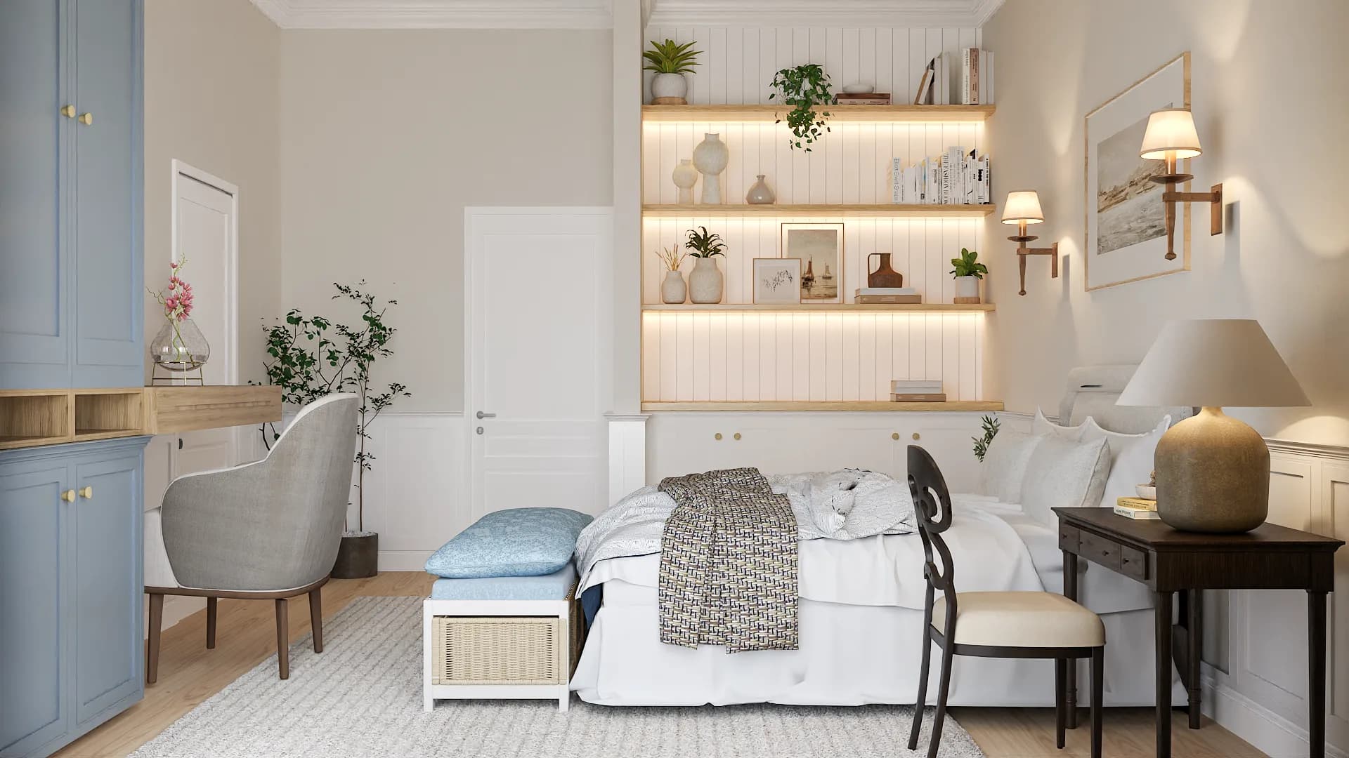 LED display shelves with ceramics and plants beside blue shaker wardrobe doors