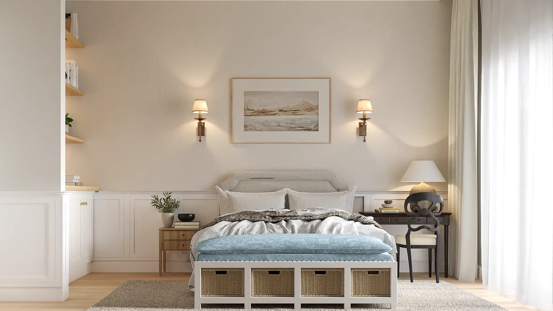 Symmetrical bed wall with brass sconces flanking coastal artwork above wicker bench