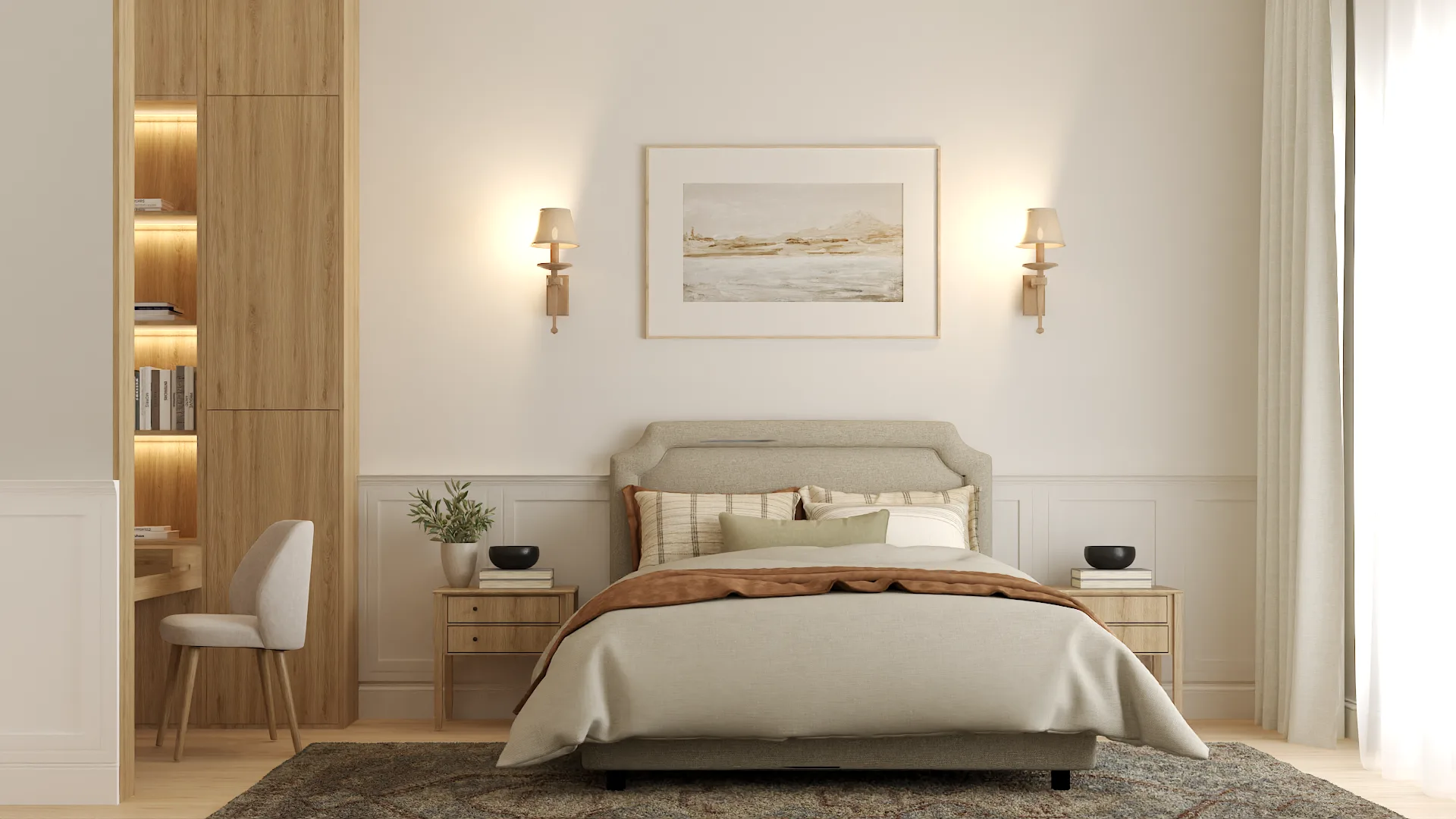 Primary bedroom with scalloped sage headboard, brass sconces, built-in oak nook with LED strips, and landscape art