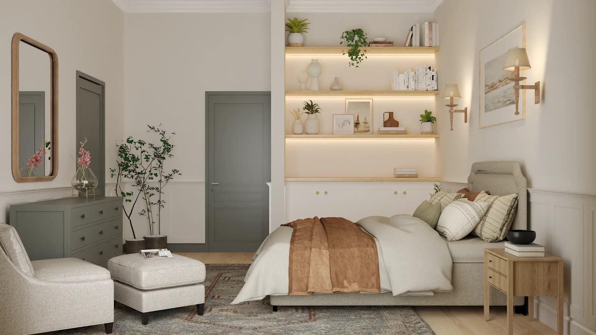 Primary bedroom with sage green wainscoting, LED floating shelf niche above bed, rust throw, and warm oak dresser