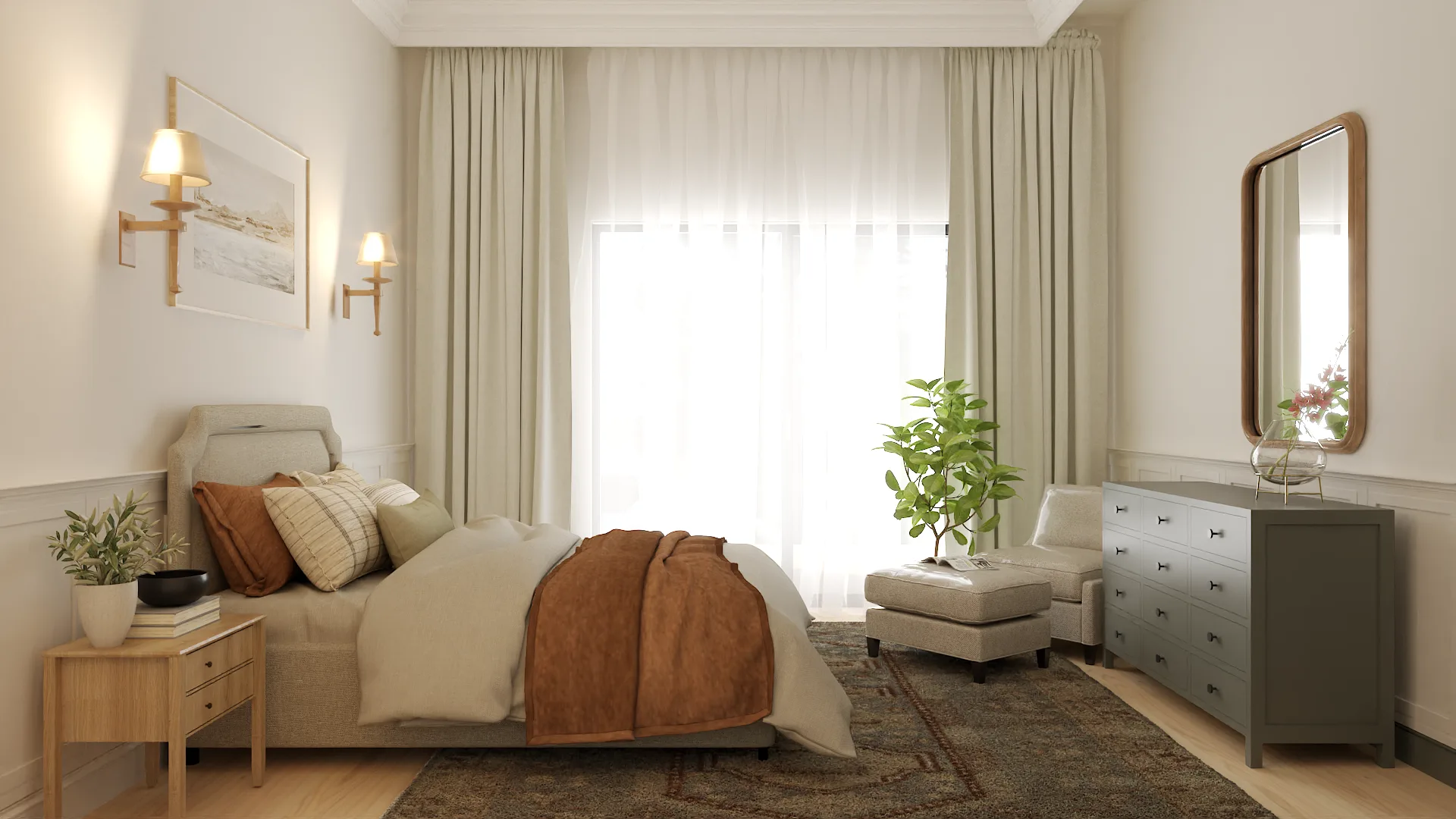 Bedroom angle with rust throw, linen curtains, sage wainscoting, brass sconces