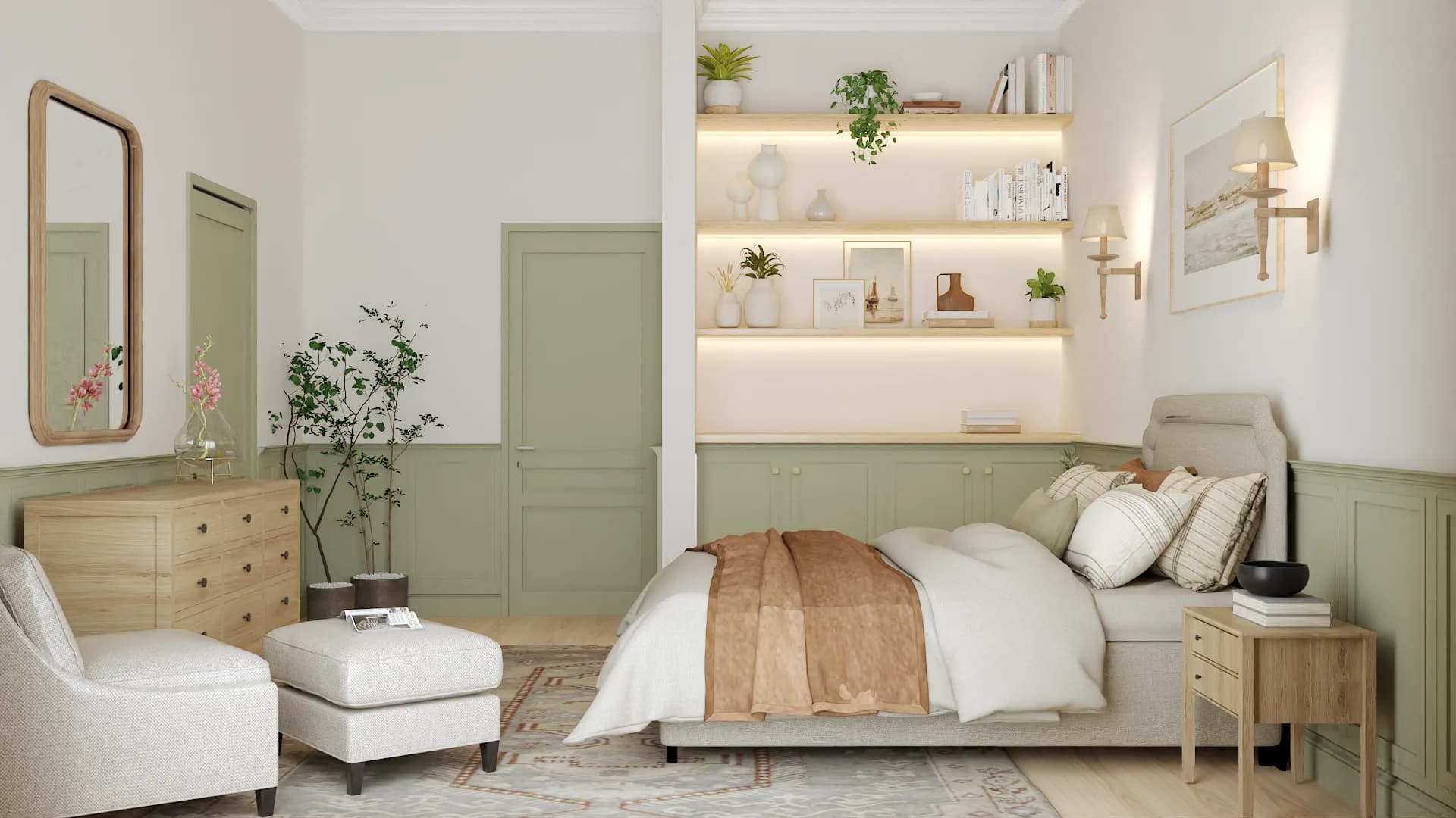 Wide view showing sage painted door, oak dresser, LED shelf niche