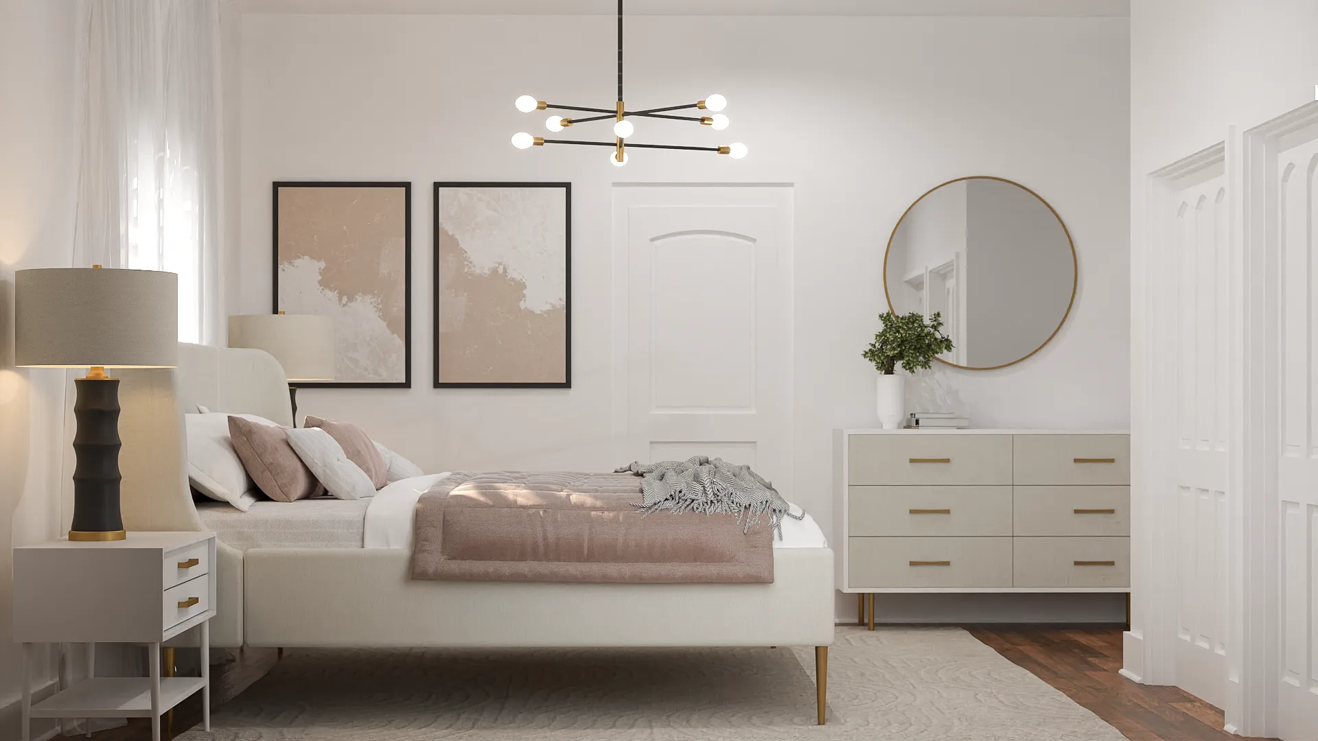 Bedroom side view with white dresser, round brass mirror, and blush abstract art prints