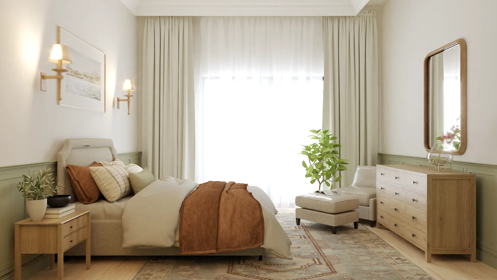 Sage bedroom with linen curtains, sage dresser, and arched oak mirror