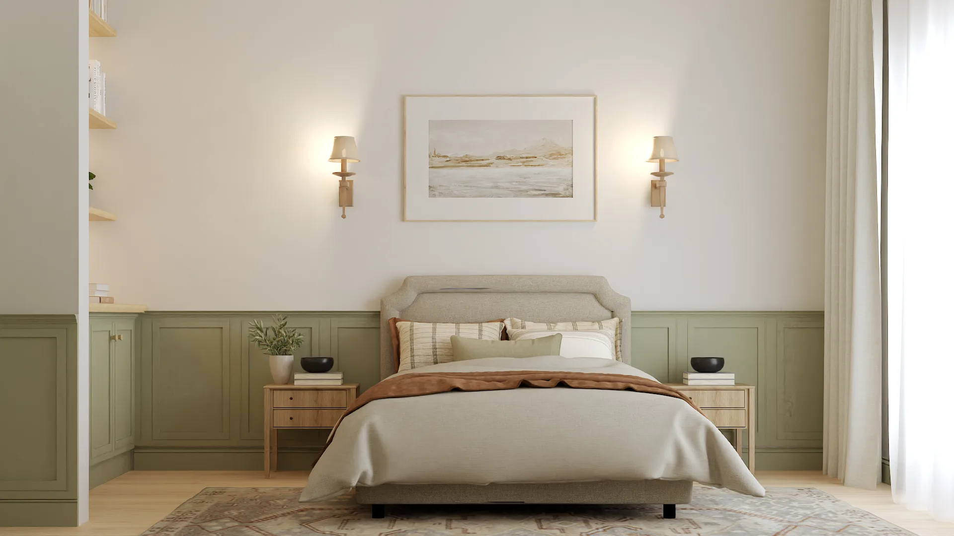 Symmetric bed view with sage wainscoting, dual brass sconces, and rust throw