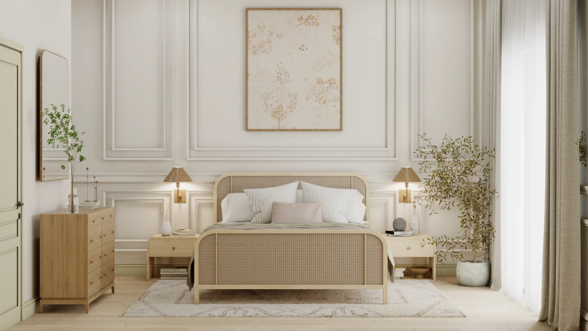 French Country bedroom with woven cane bed, botanical art, brass wall sconces, oak nightstands, and white panel molding