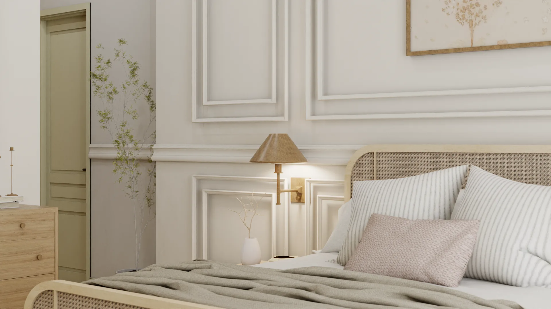 Close detail of brass sconce, cane headboard weave, and striped linen pillows