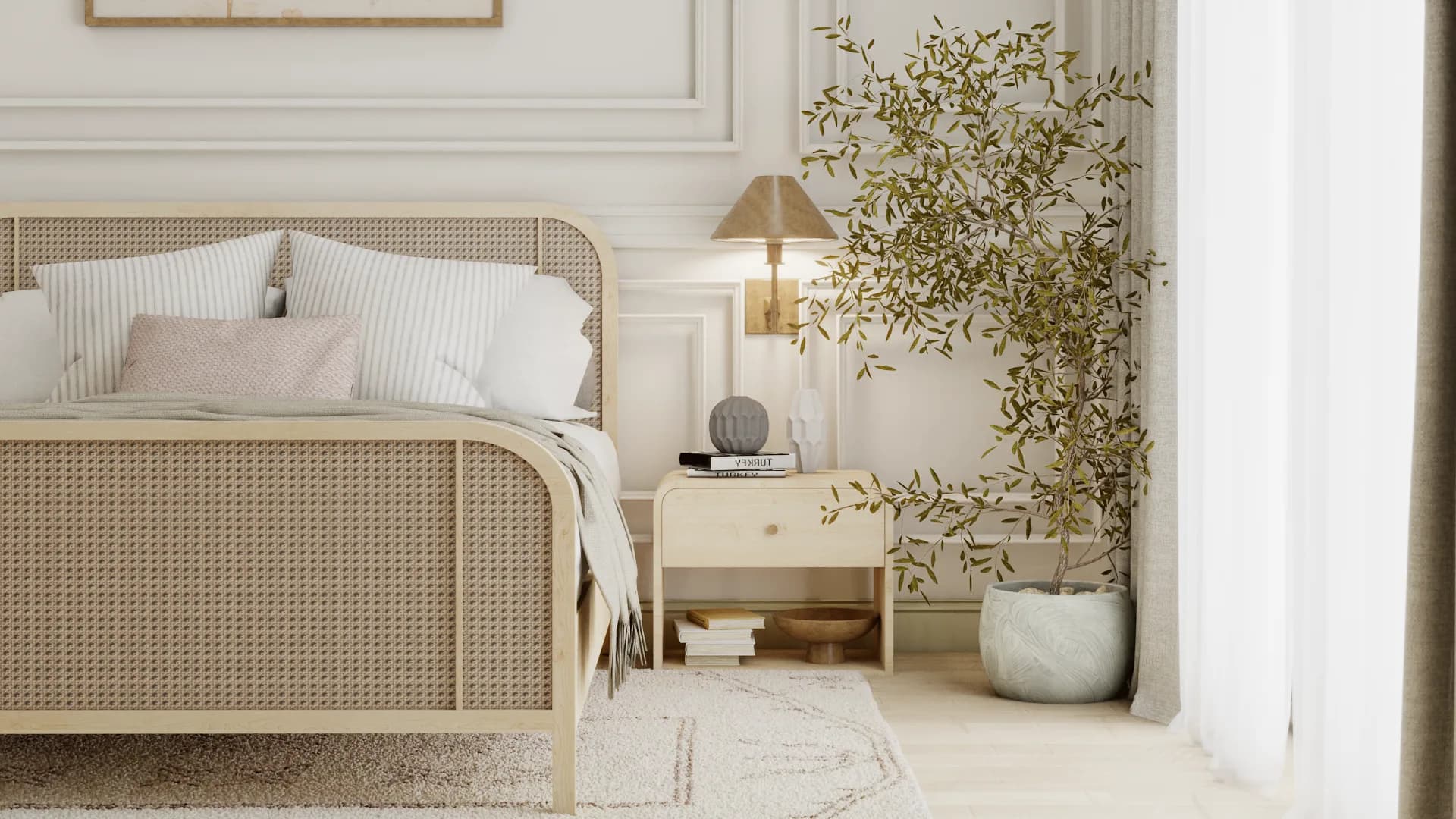 Side angle showing cane footboard, oak nightstand, and potted olive tree by window