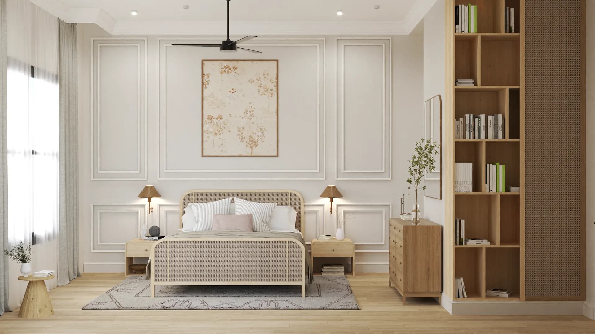Wide room angle with ceiling fan, oak bookshelf, botanical art, and brass lamps