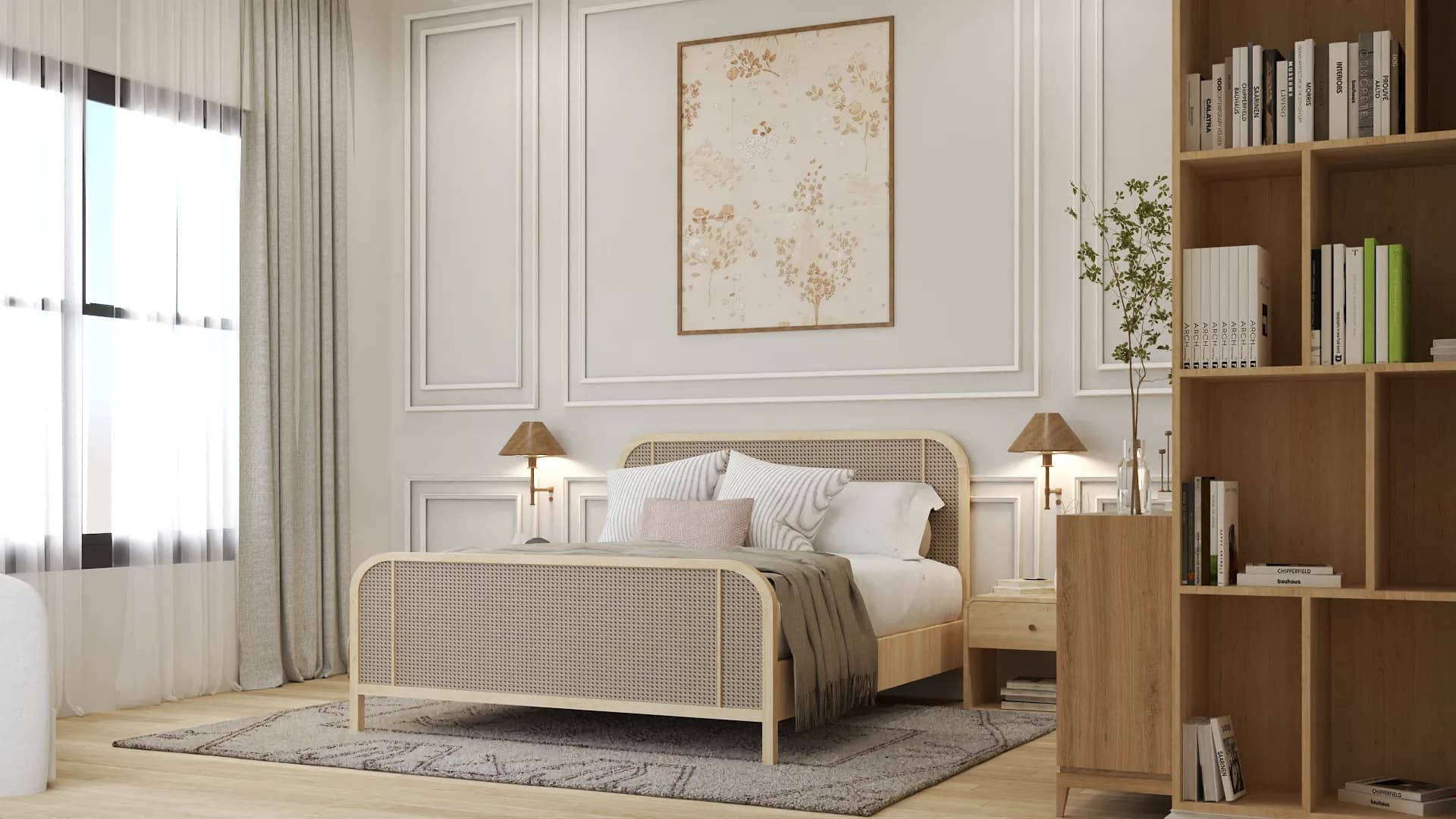 Three-quarter view of cane bed with oak bookshelf and cream panel molding walls