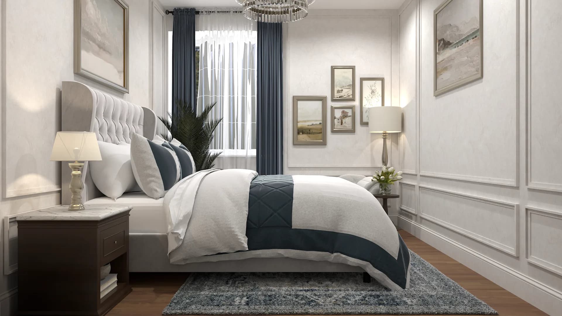 Side angle of tufted bedroom showing gallery wall, wainscoting, and navy curtains