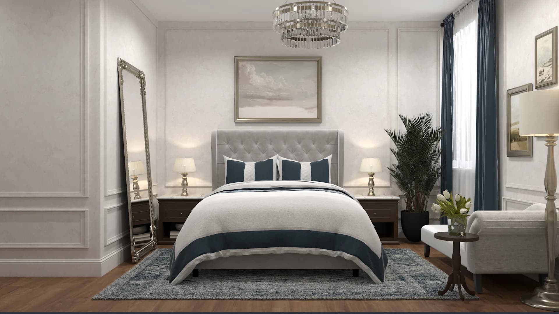 Gray button-tufted headboard bedroom with crystal chandelier, navy drapery, and wainscoting panels