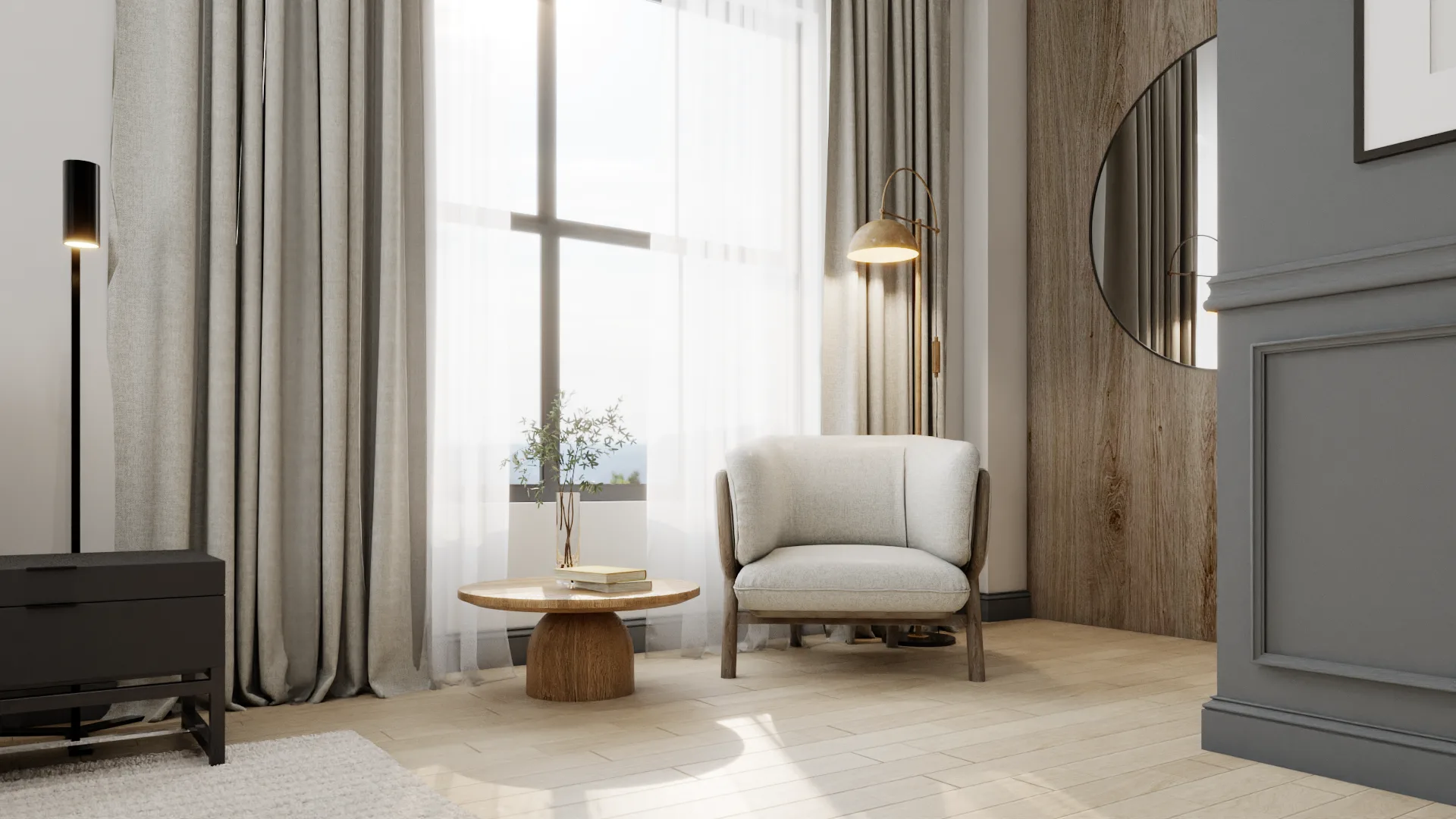 Sitting nook with ivory armchair, pedestal table, brass pendant, and oak panel wall