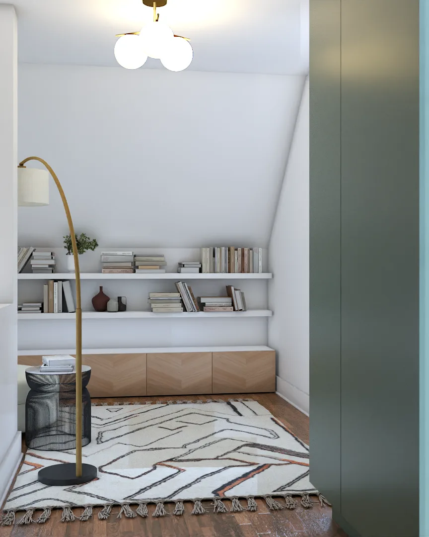 Reading nook with floating shelves, sage green closet doors, and opal globe pendant