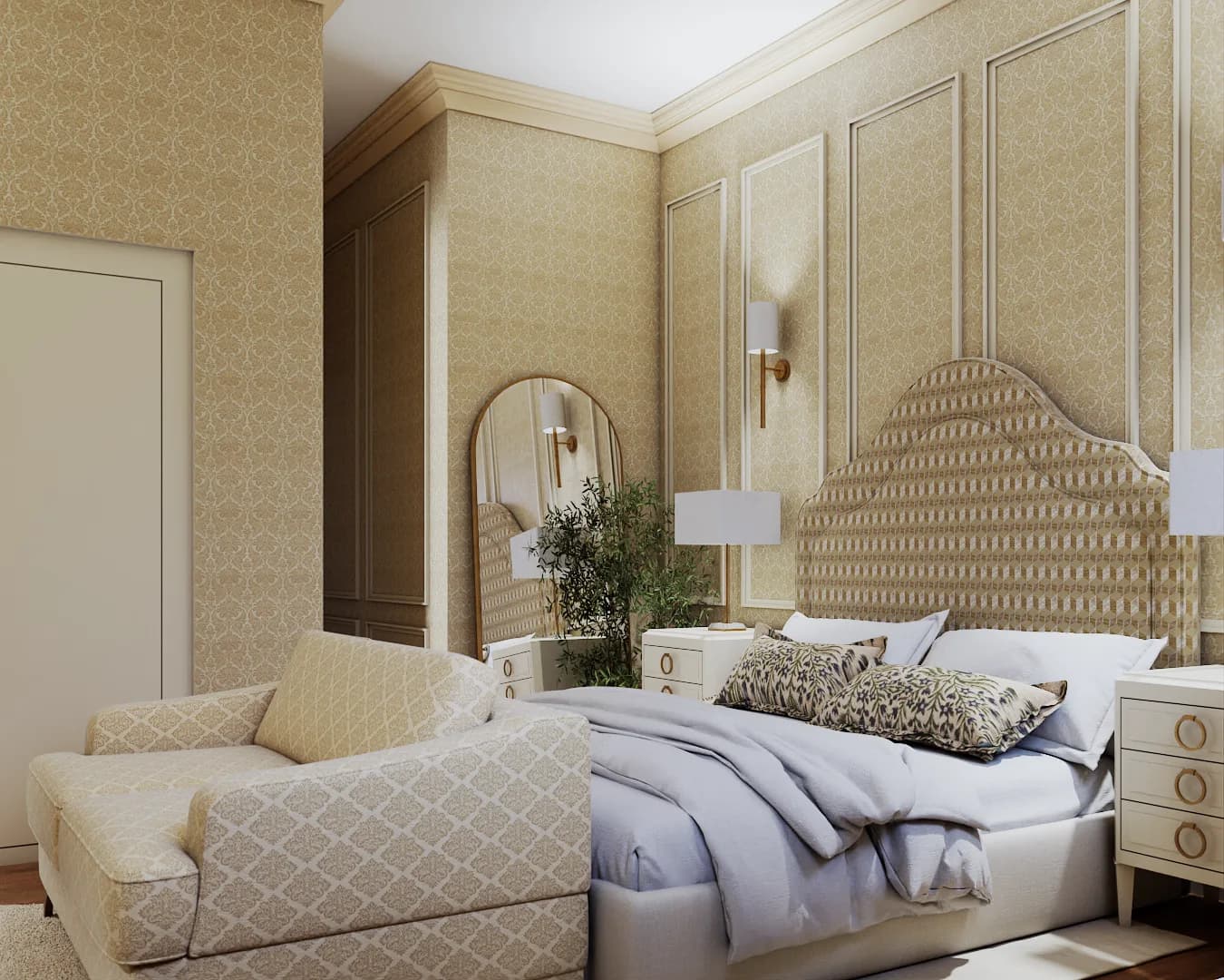 Traditional bedroom with gold damask walls, arched scallop headboard, white nightstands, and dusty blue bedding