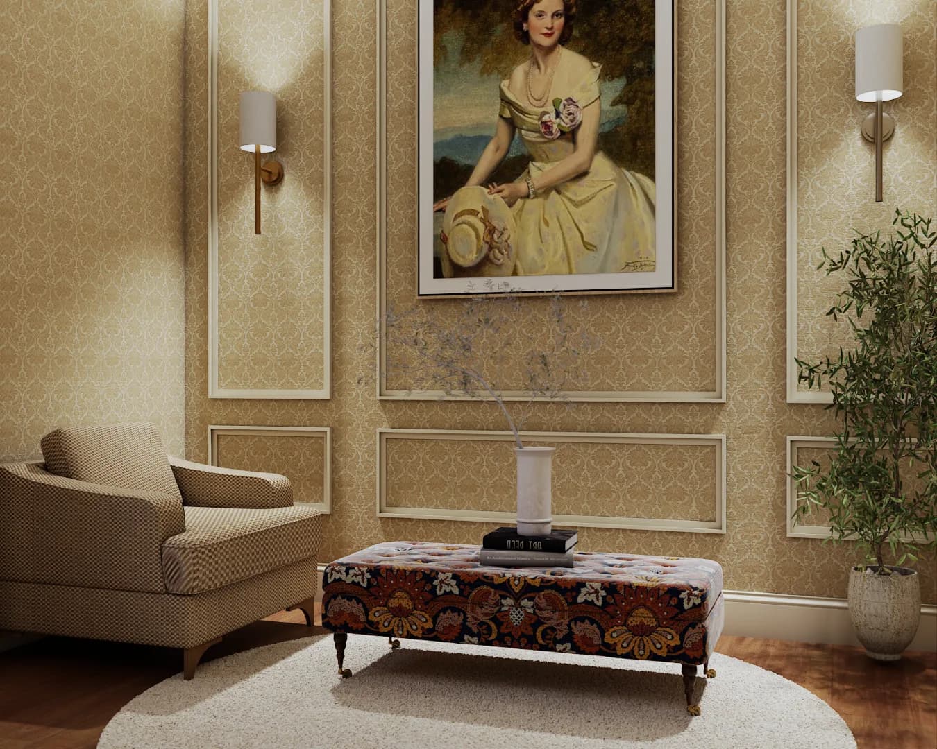 Neoclassical bedroom sitting corner with tapestry ottoman and portrait painting