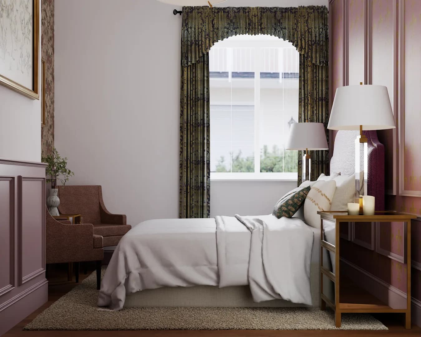 Arched bedroom window framed by deep green botanical drape valance