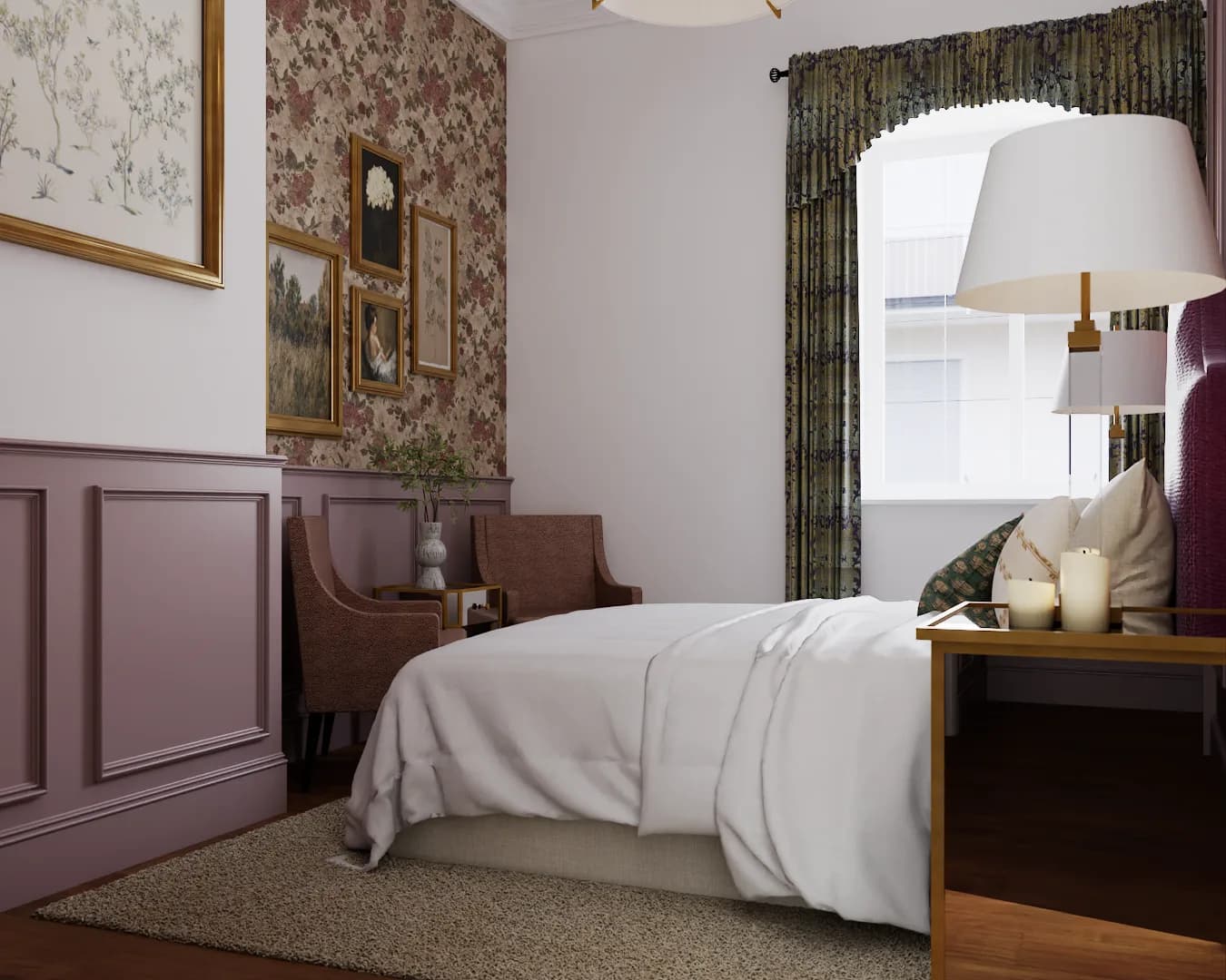 Floral accent wall with gold frames above mauve wainscoting panels