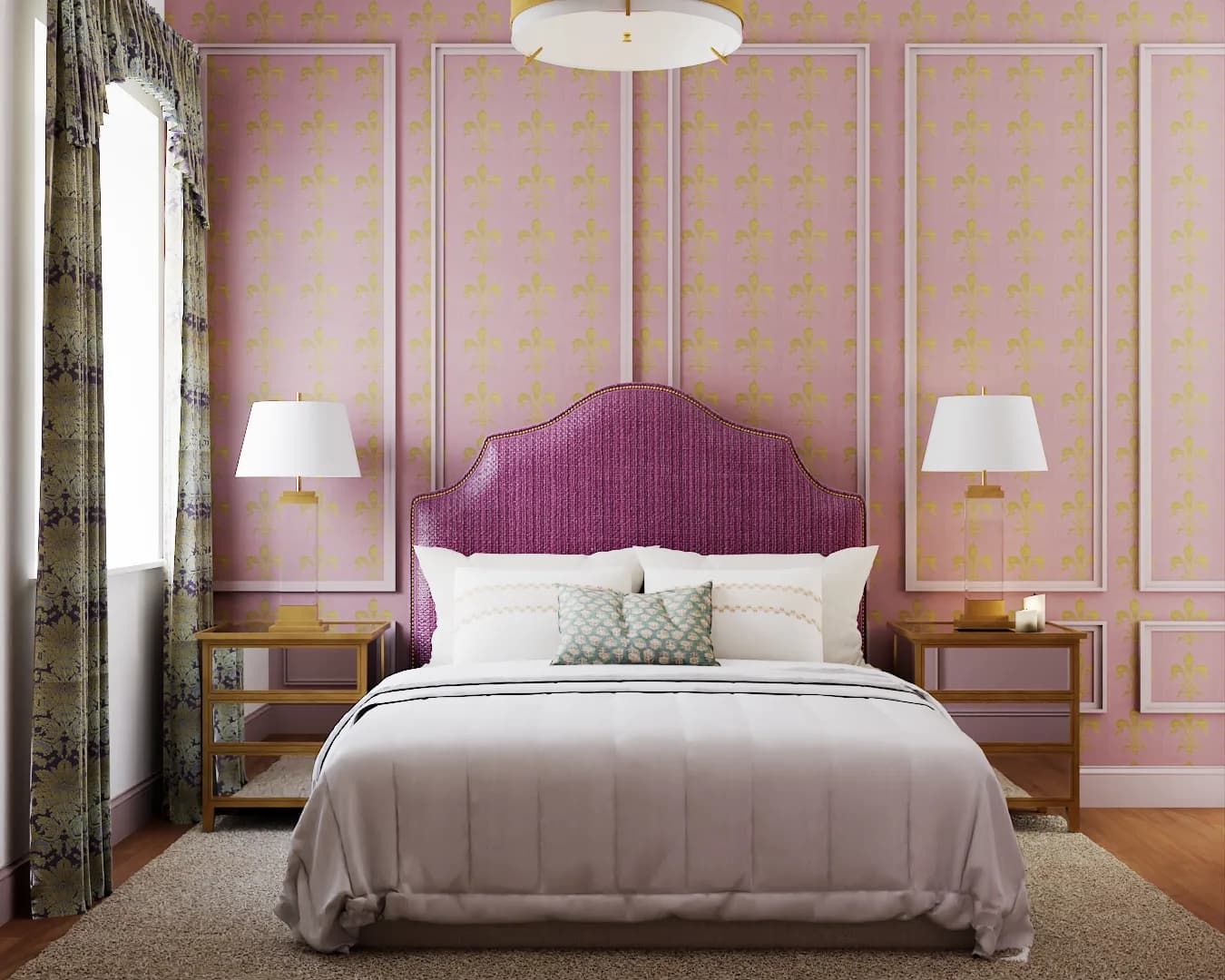 Front view of pink fleur-de-lis wallpaper behind plum arched headboard