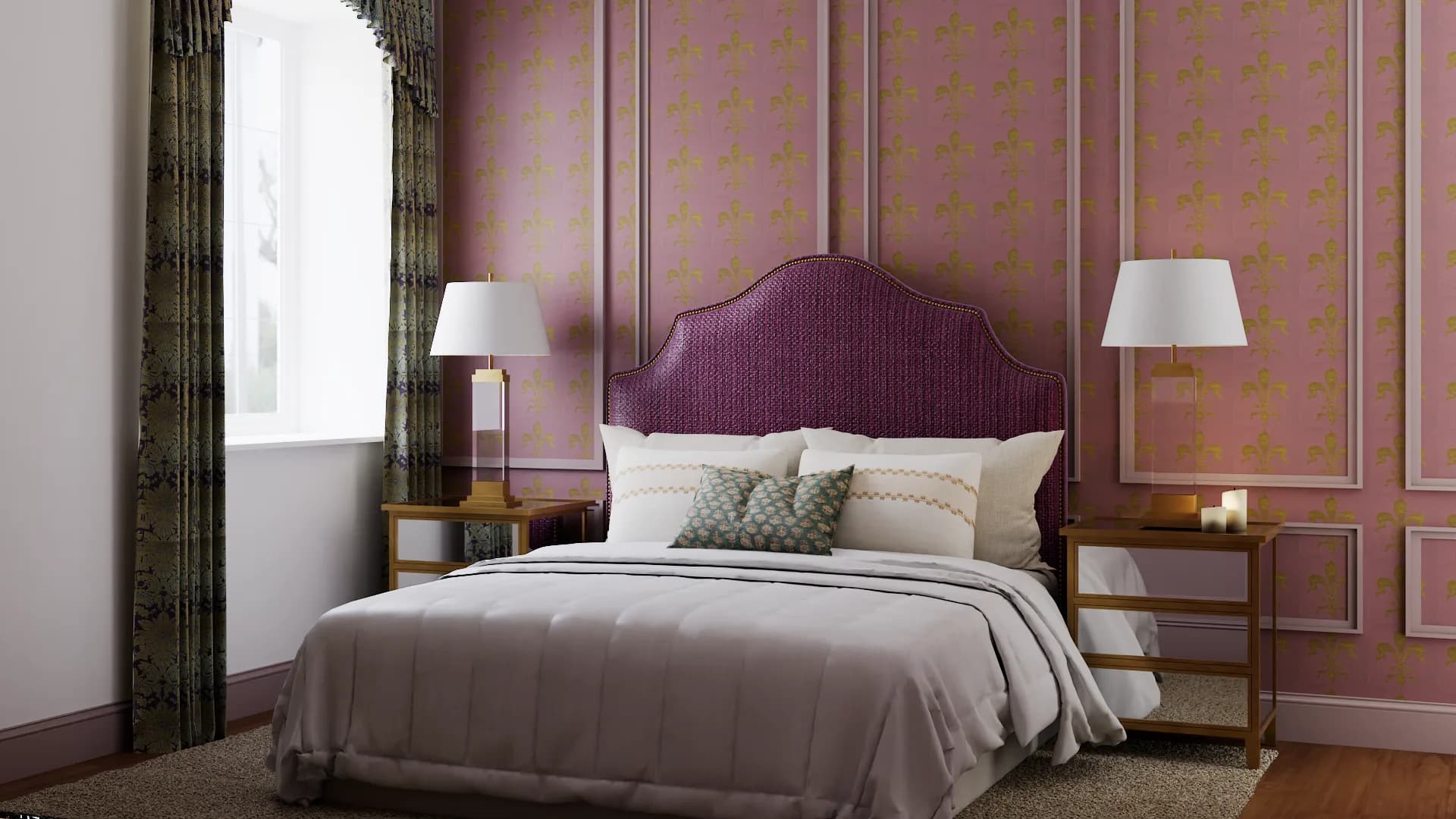 French bedroom with pink fleur-de-lis wallpaper, plum arched headboard, mauve wainscoting, and botanical curtains