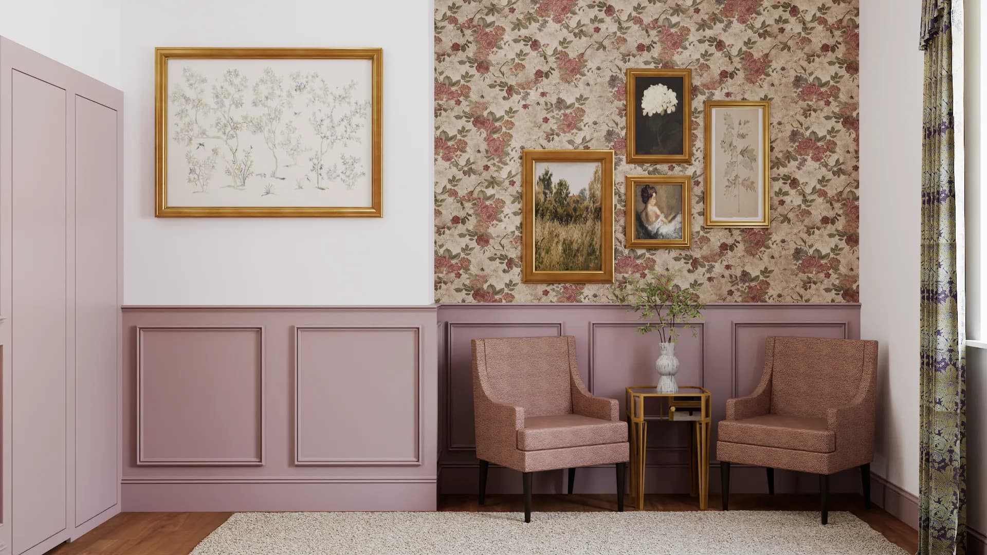 Lounge corner with mauve armchairs and gallery wall above wainscoting