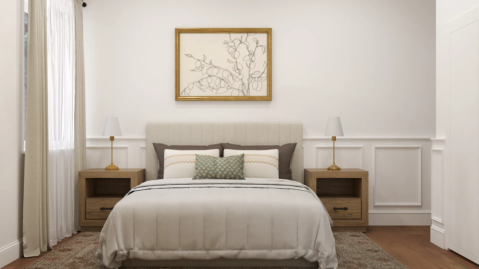 Front view of cream bed, paired oak nightstands, botanical art in gold frame