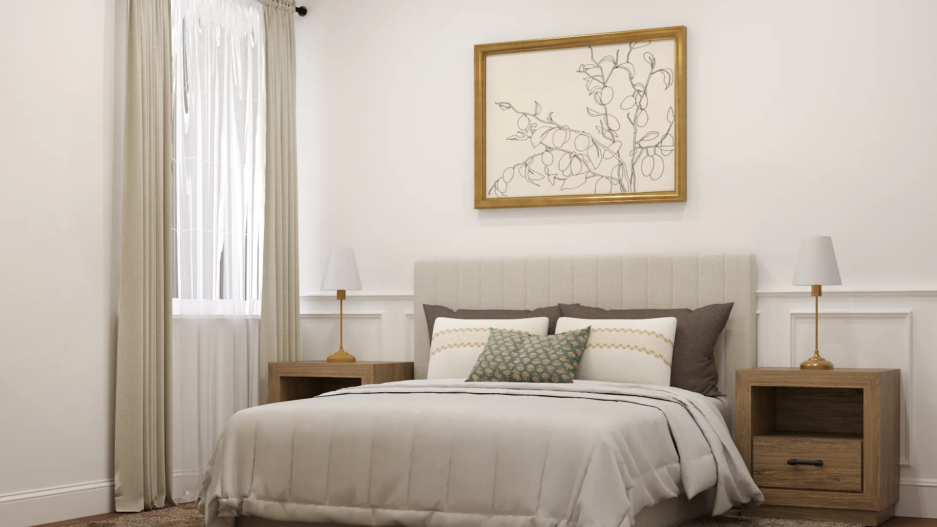 Cream channeled headboard bedroom with white wainscoting, gold-framed botanical art, and oak nightstands