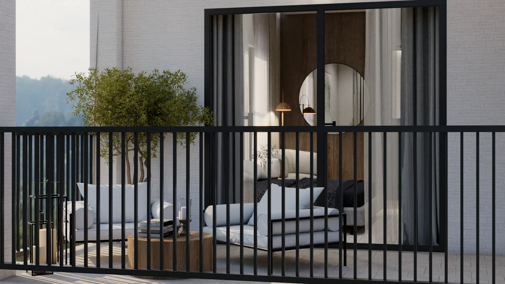 Balcony view through glass doors into bedroom with circular mirror and platform bed