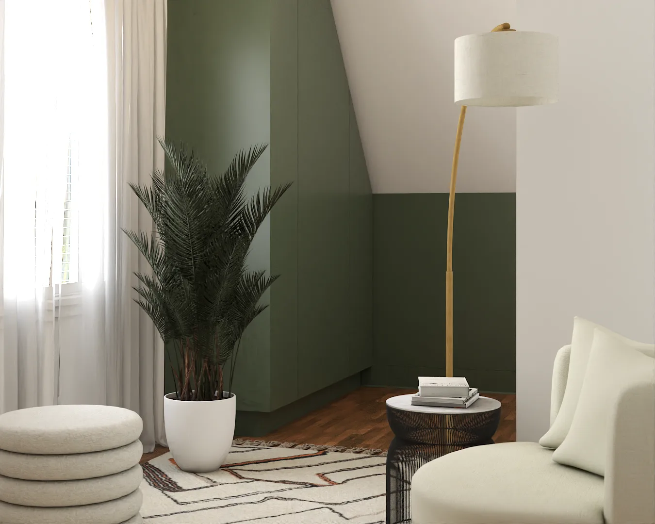 Sage green two-tone sloped accent wall with cream swivel chair, ribbed pouf, and palm plant