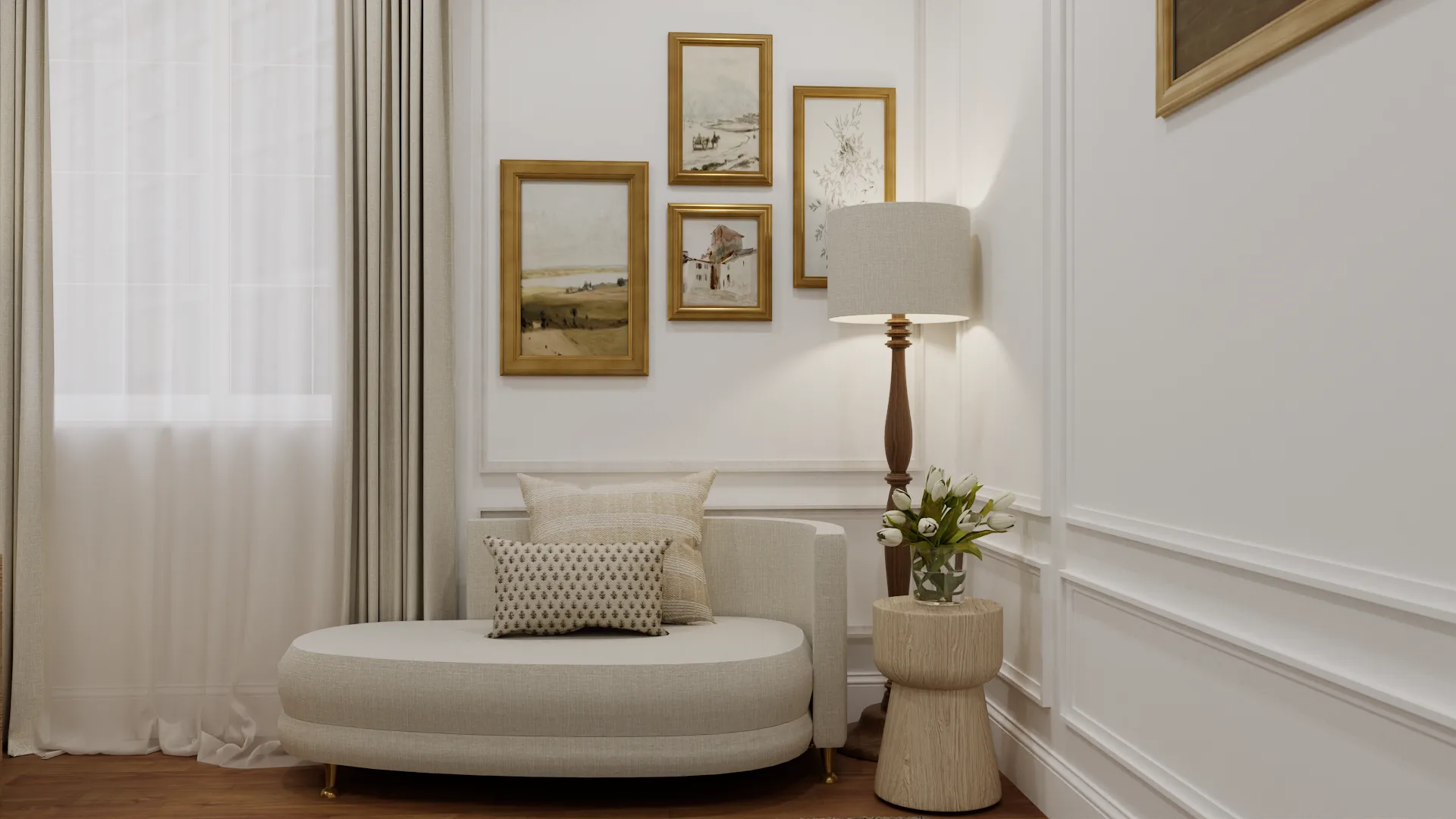 Cream curved chaise lounge below gold-framed landscape paintings