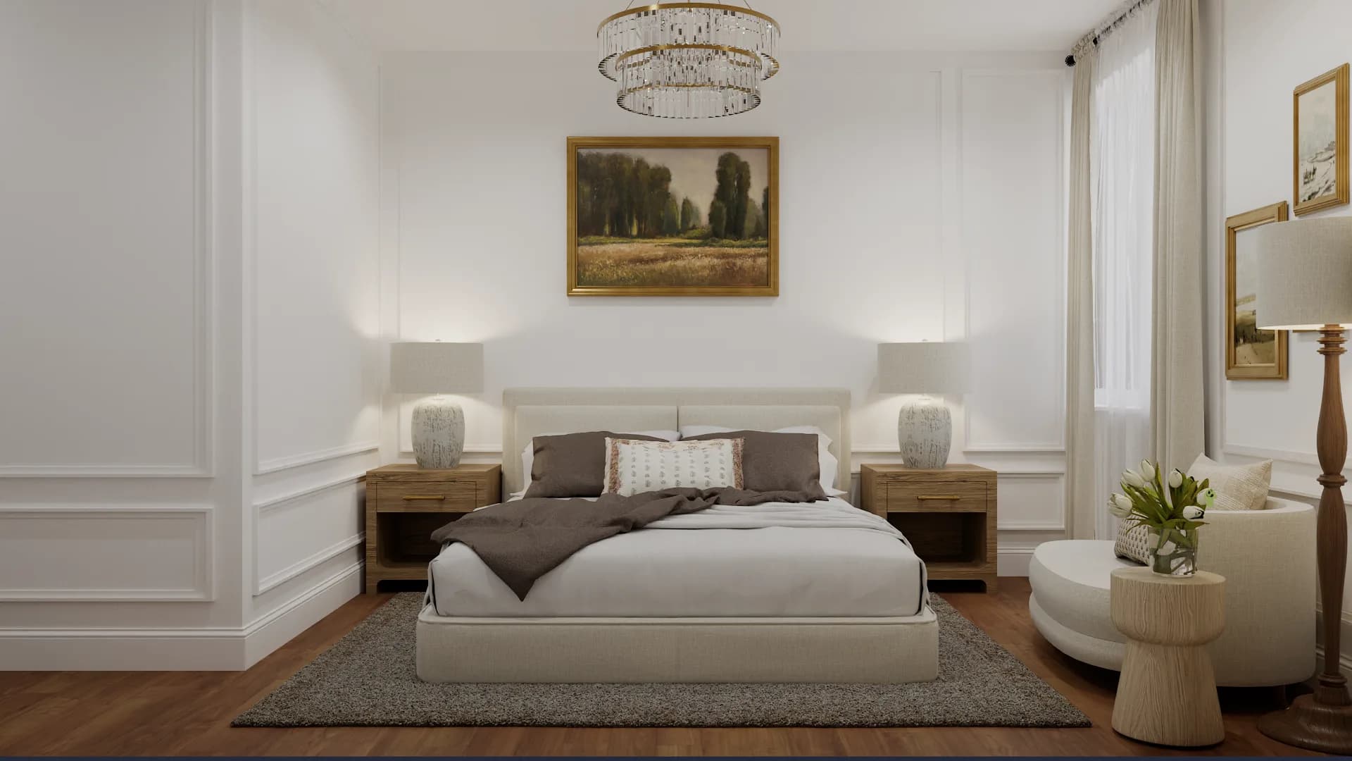 Full room with tiered crystal chandelier and landscape painting above bed