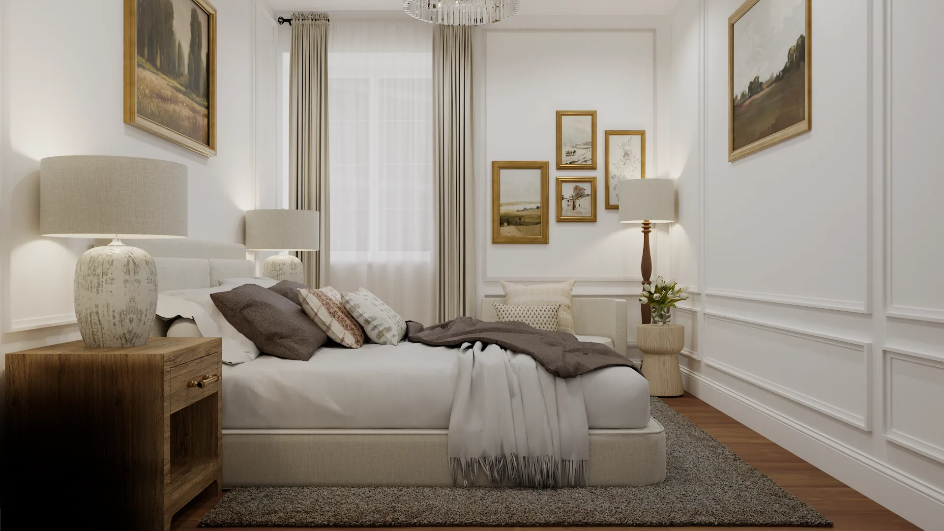 Wide angle showing gold-framed landscape gallery wall and gray rug