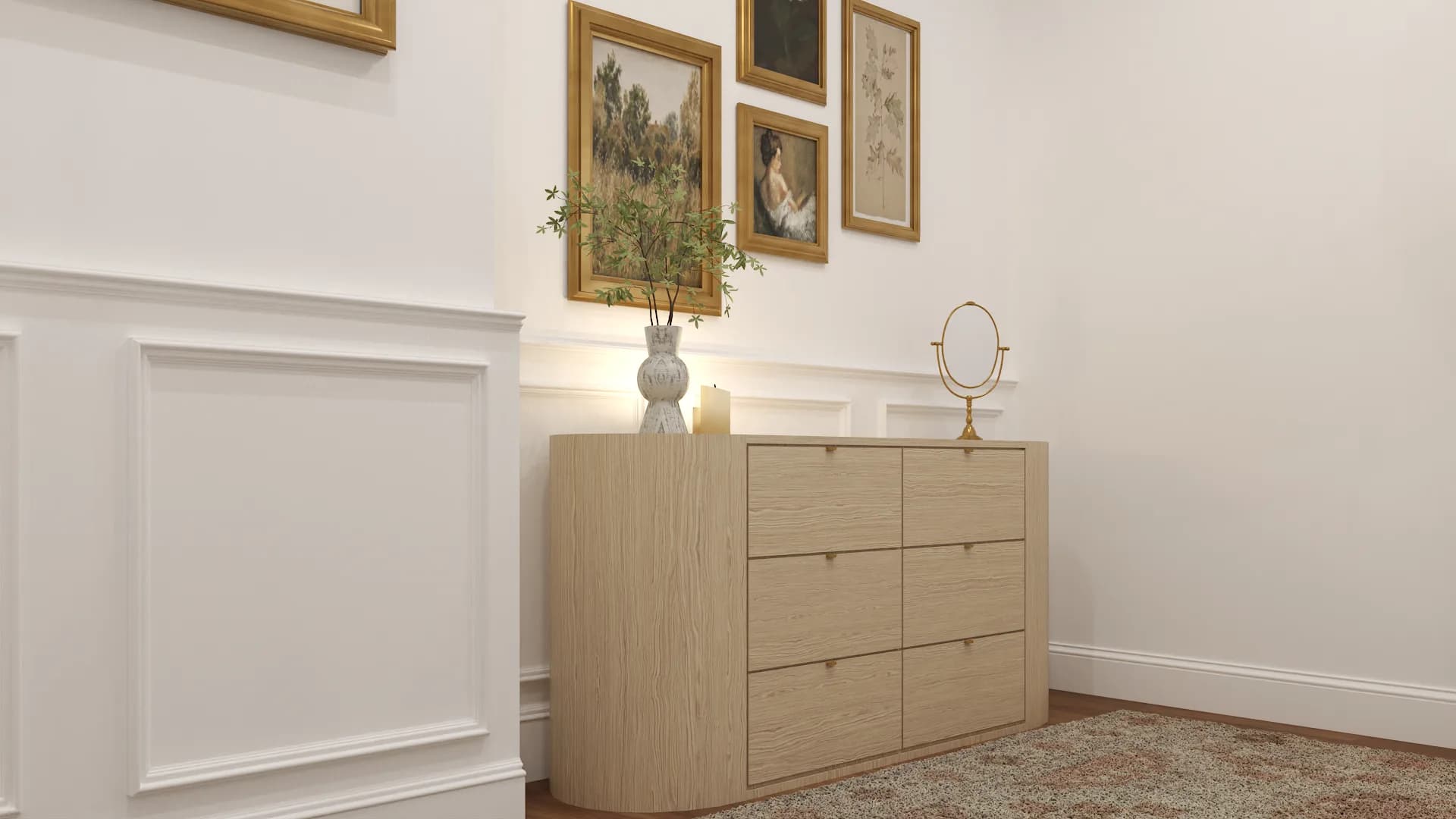 Light oak dresser with gold oval mirror and landscape paintings above