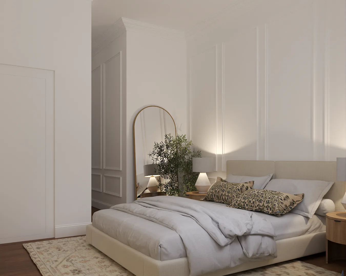 Side angle of arched brass floor mirror against panel molding wall