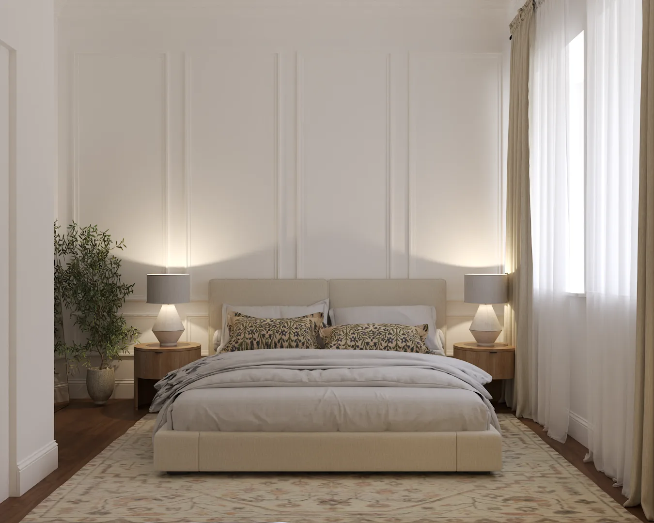 Cream upholstered platform bed in front of vertical panel molding accent wall with arched floor mirror