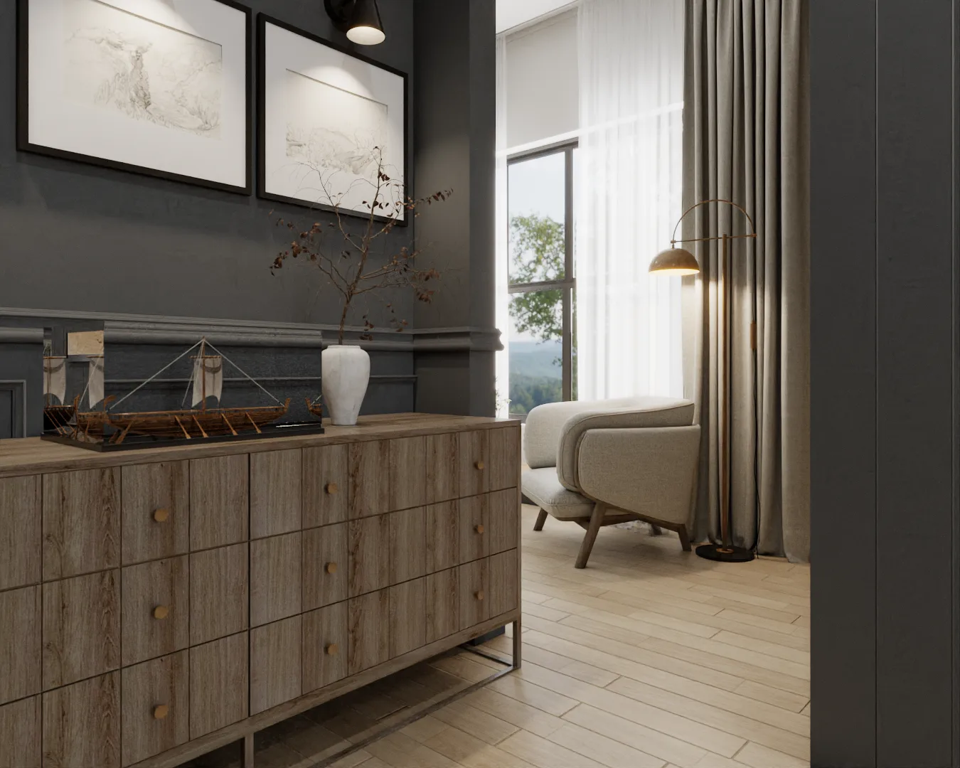 Charcoal panel wall with wood dresser, nature prints, and white ceramic vase