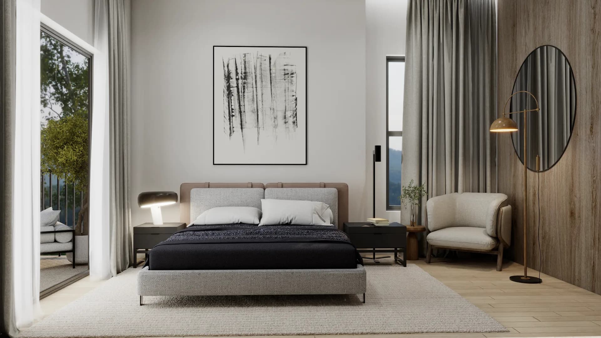 Contemporary bedroom with linen platform bed, abstract ink art, dark nightstands, oak panel wall, and ivory armchair