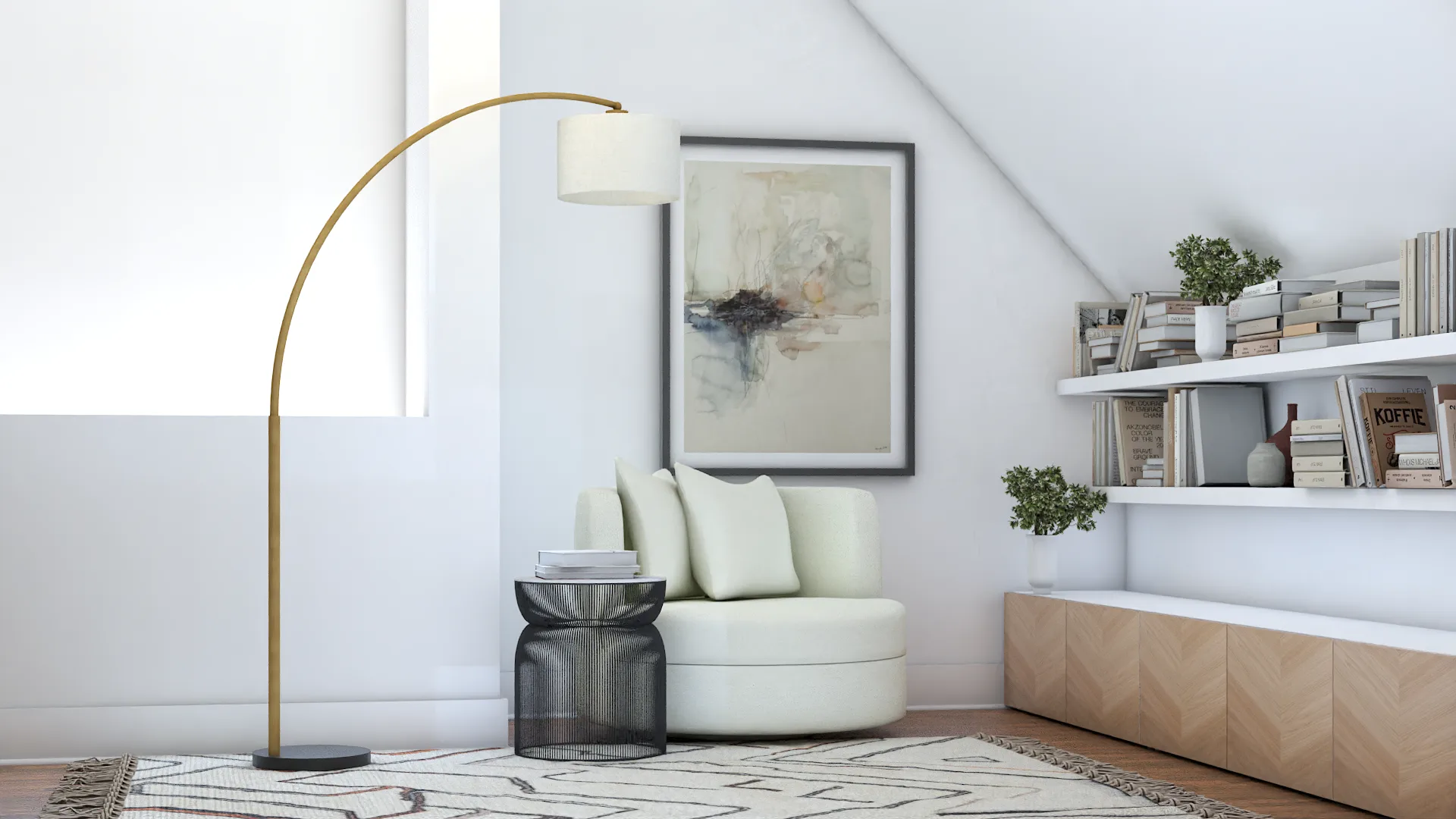Arc lamp and swivel chair under sloped ceiling with abstract art and herringbone oak cabinet