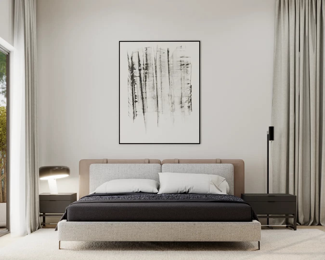 Symmetrical view of platform bed with dark nightstands and abstract ink artwork above