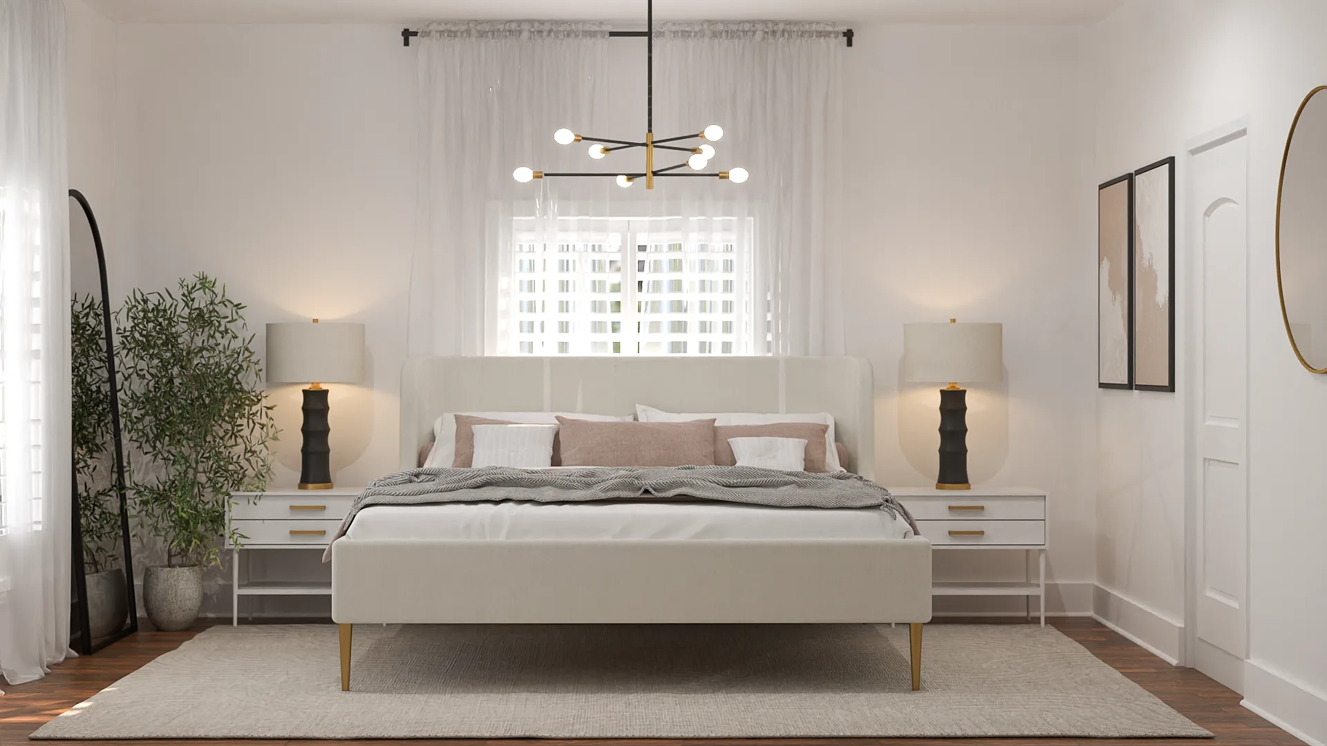White upholstered bedroom with sputnik chandelier, black sculptural lamps, and sage accent sitting area