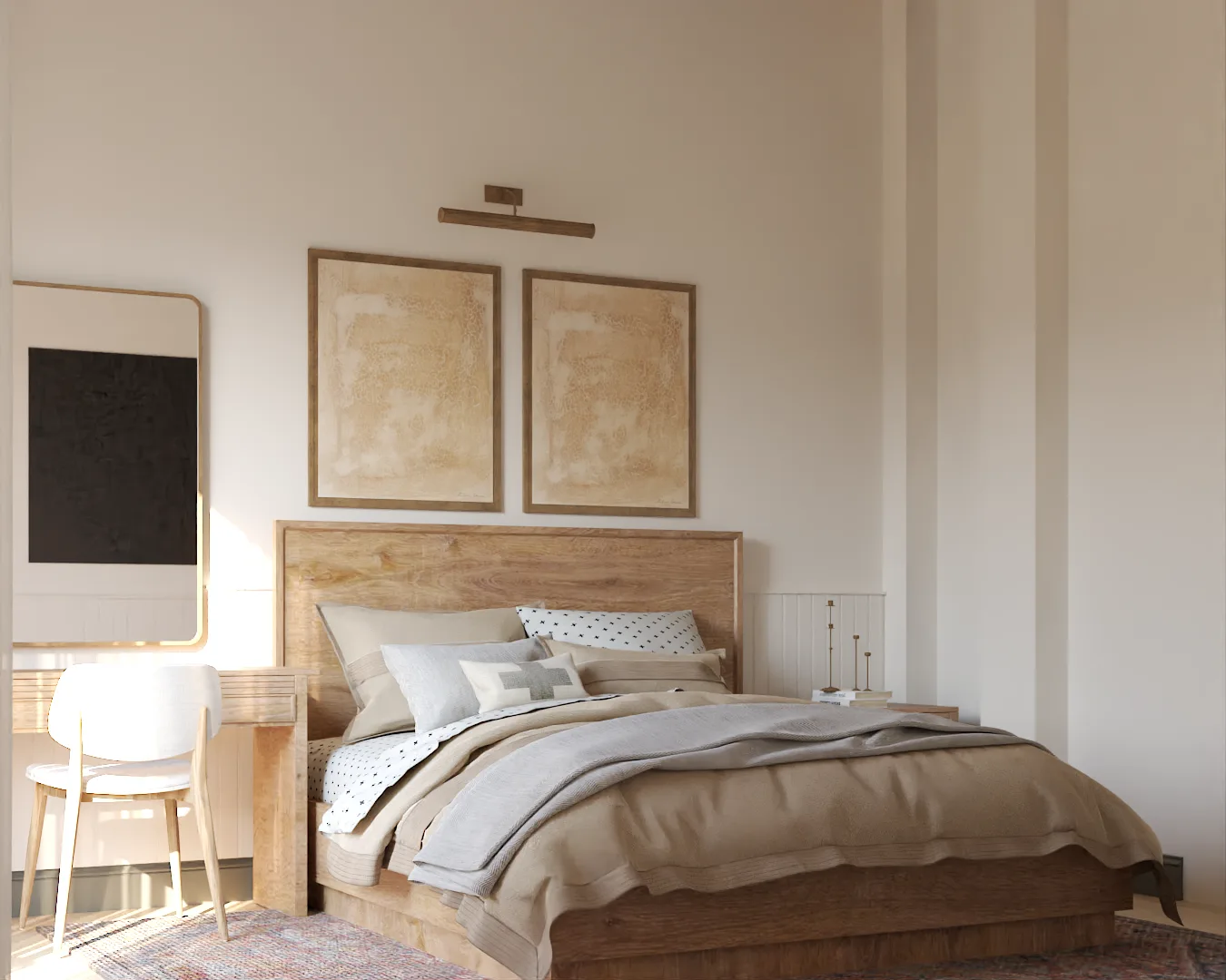 Primary bedroom with solid oak headboard, earth-tone linen bedding, polka dot pillows, and warm abstract gold artwork