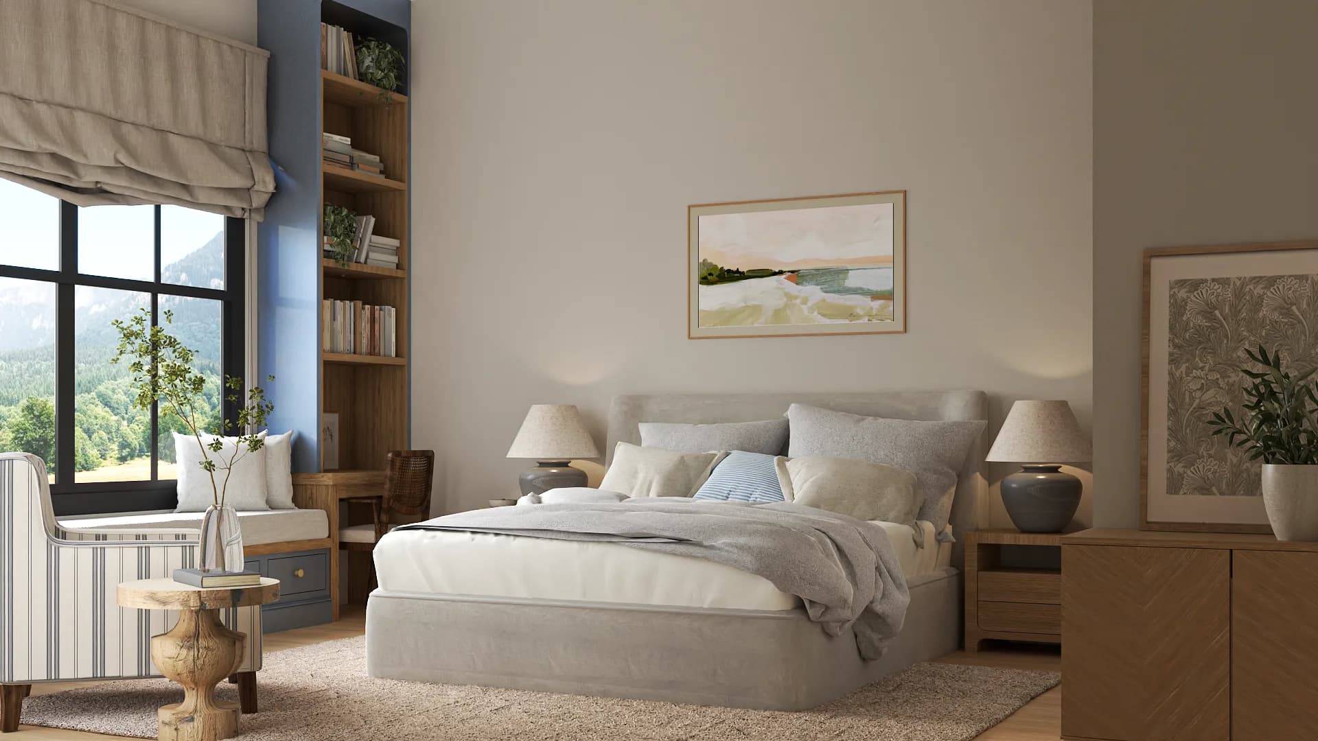 Coastal bedroom with powder-blue built-in bookshelf nook, linen platform bed, striped accent chair, and framed watercolor art