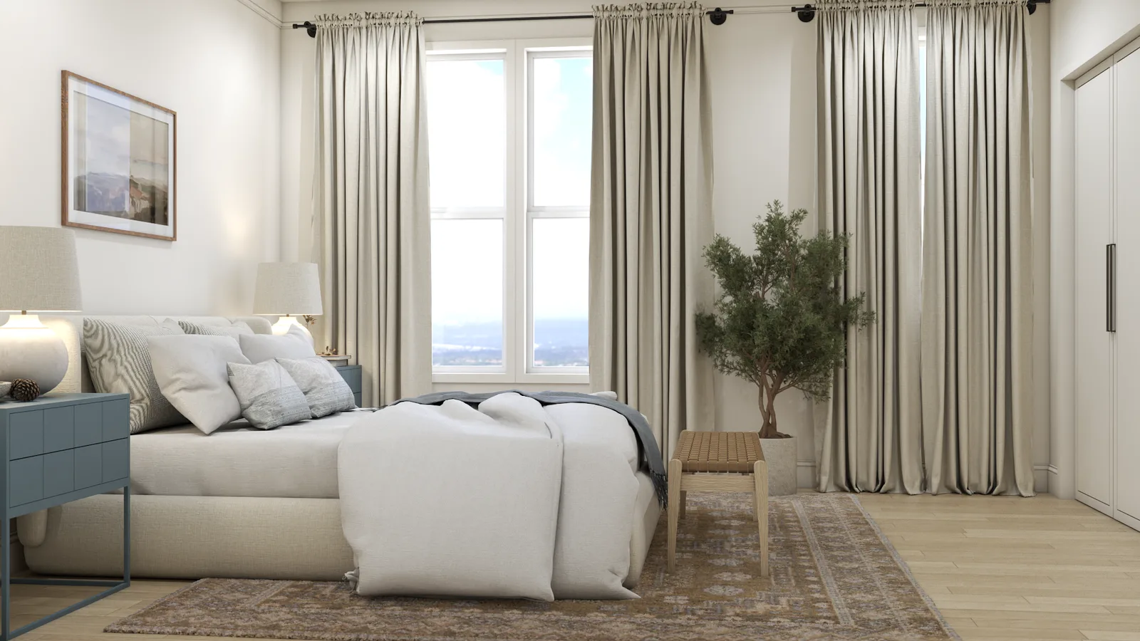 Linen curtains and tall window with olive tree and woven rattan bench in bedroom
