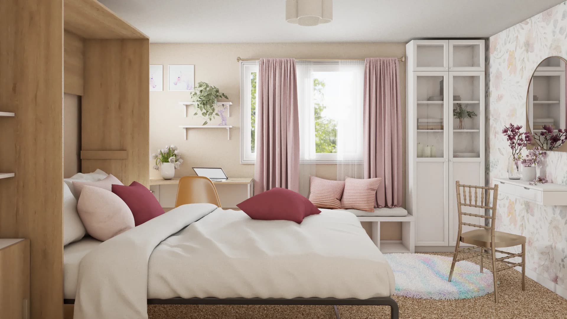 Blush pink girls bedroom with floral watercolor wallpaper, oak panel bed, window seat, and white glass cabinet