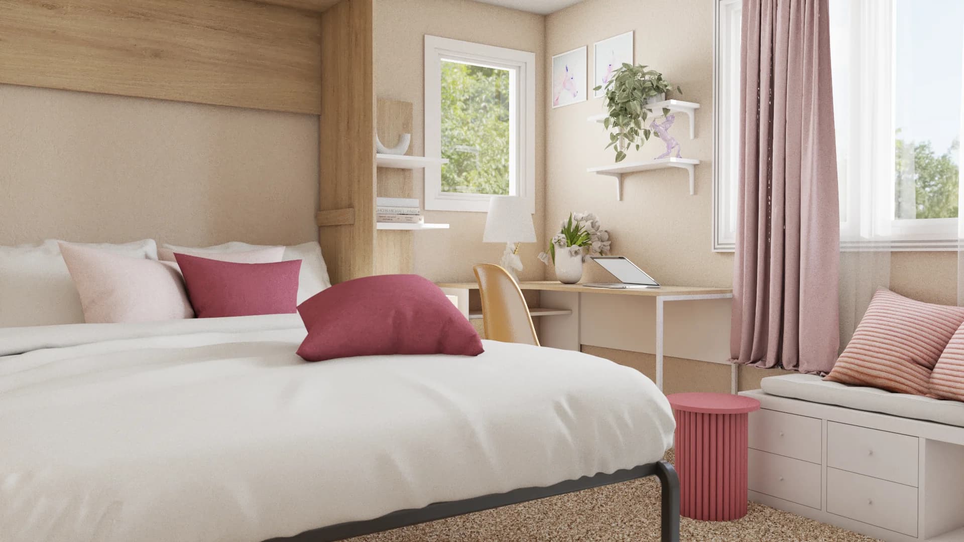 Oak upholstered headboard beside desk with laptop, pink fluted side table and curtains